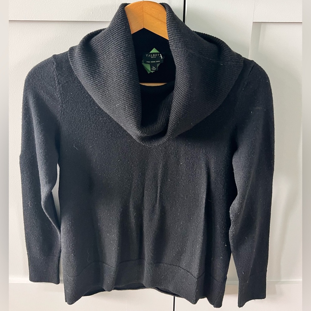 Talbots Classic Black Cowl Neck Sweater Pure Merino Wool